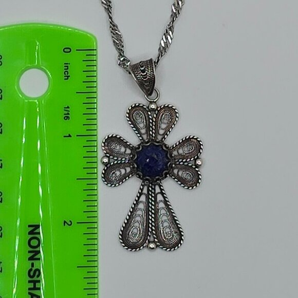 Vintage Sterling Silver Lapis Lazuli DGS 925 Turkey Filigree Cross Necklace - Picture 5 of 7